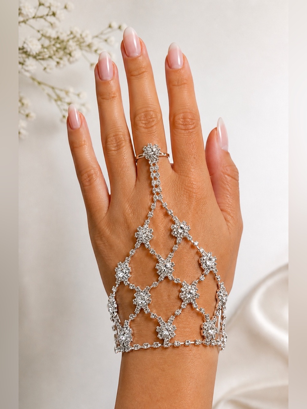 Rhinestone Hand Chain Bracelet Ring Bridal Silver Crystal Jewelry Elegant